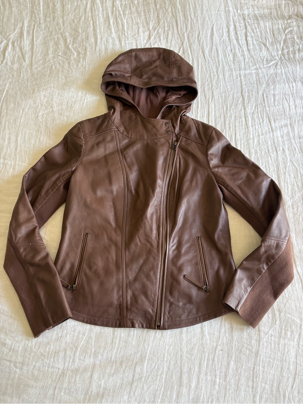 hinge Chocolate Brown Hooded Leather Jacket